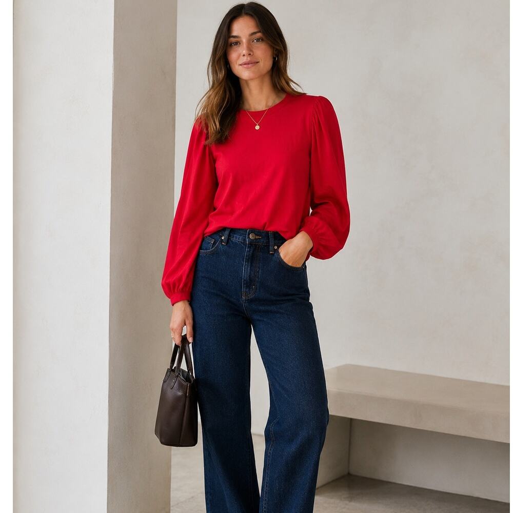 ALC Red Balloon Sleeve Blouse Womens S Preppy Long Sleeve Fall Winter Shirt